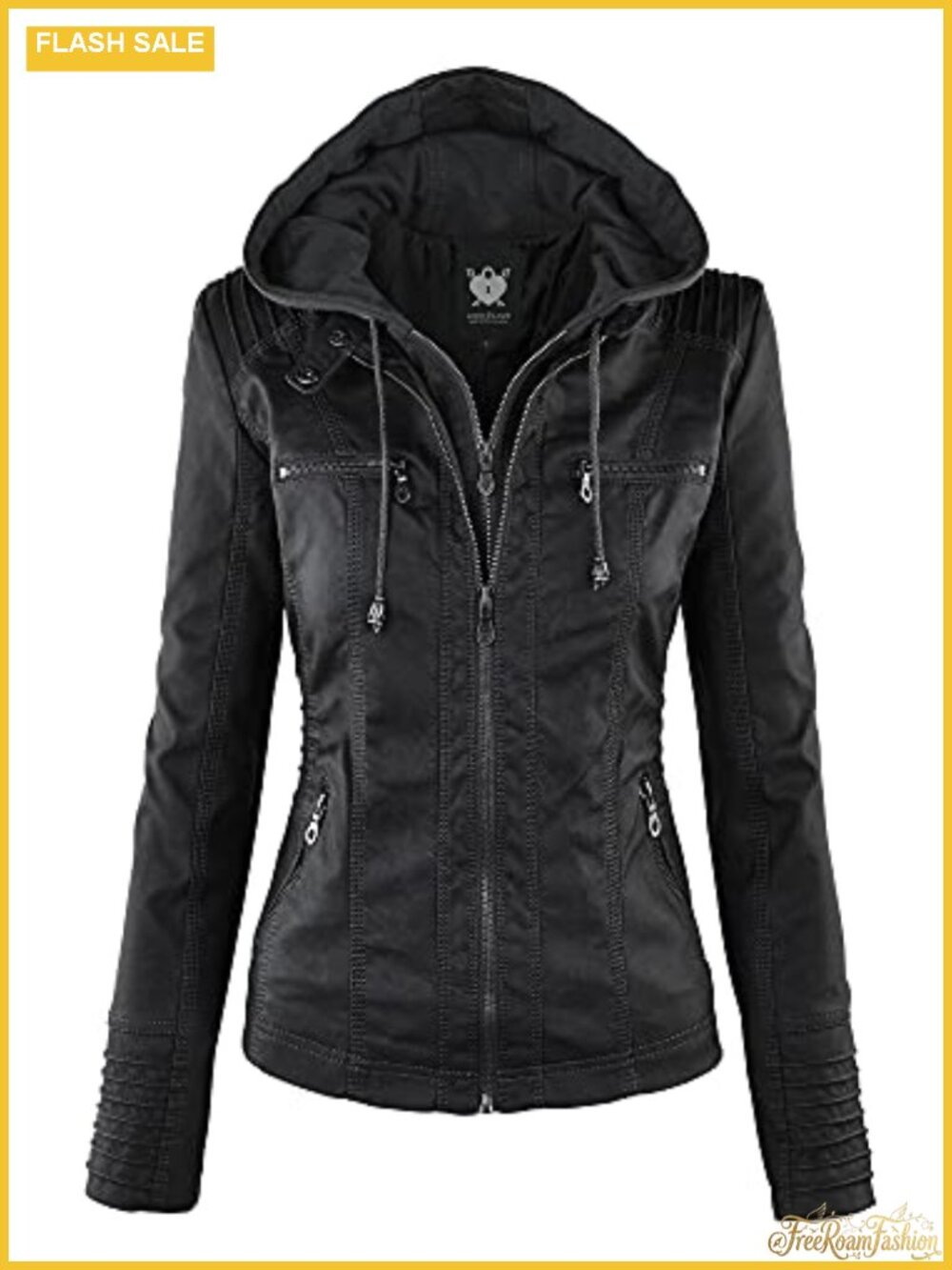 Faux Leather Moto Biker Jacket Cropped Hooded Slim Fit Vegan Coat